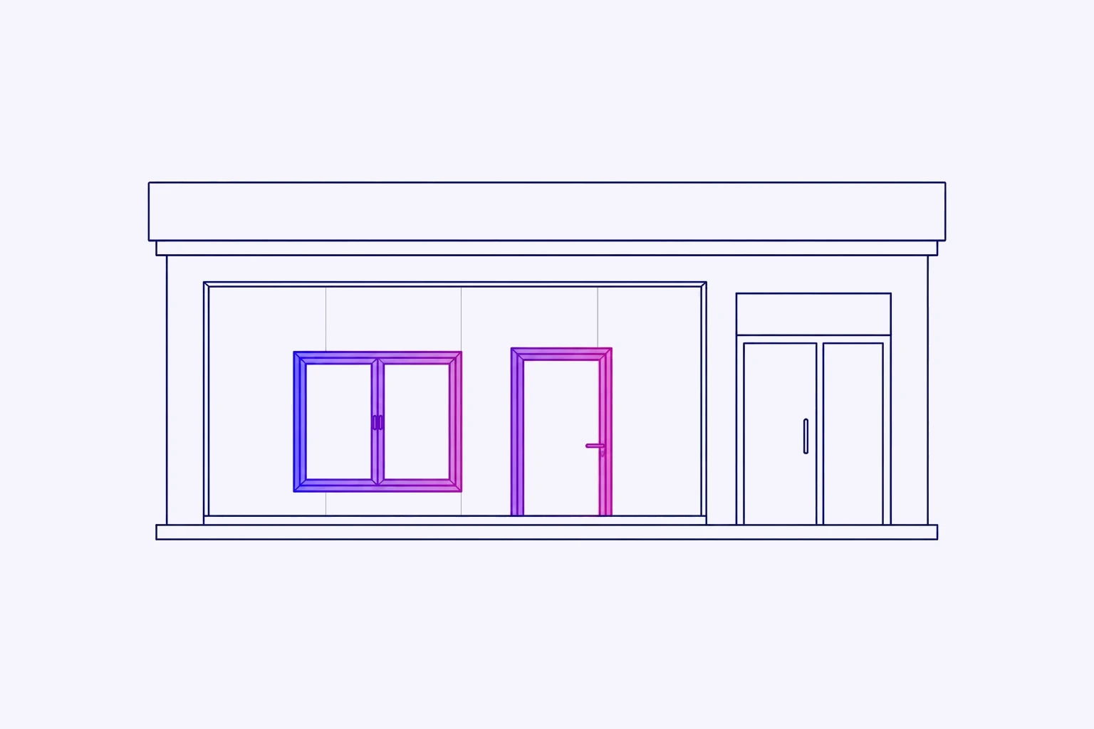 Illustration eines Home & Living Showrooms mit Fensterrahmen und Tür