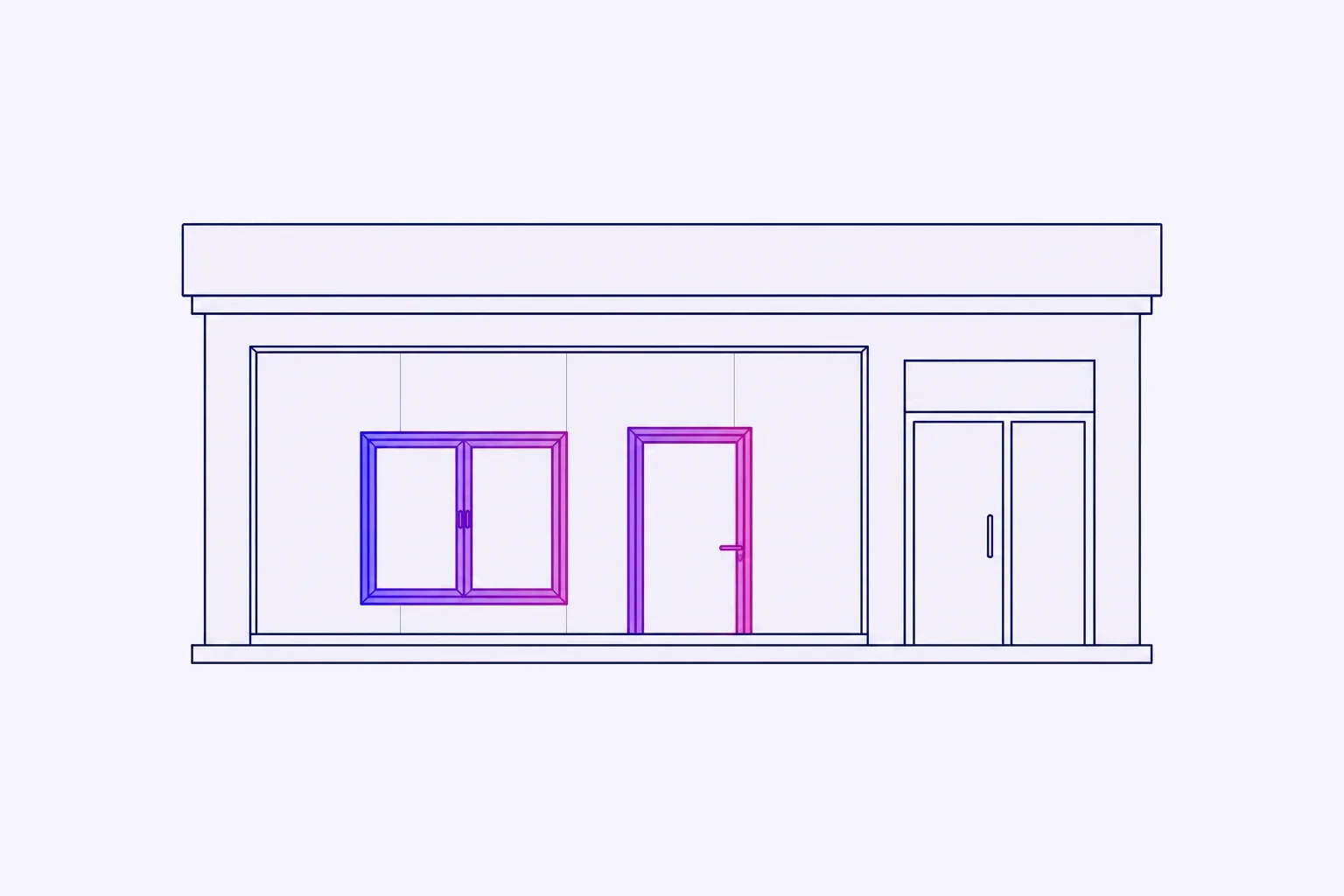 Illustration eines Home & Living Showrooms mit Fensterrahmen und Tür